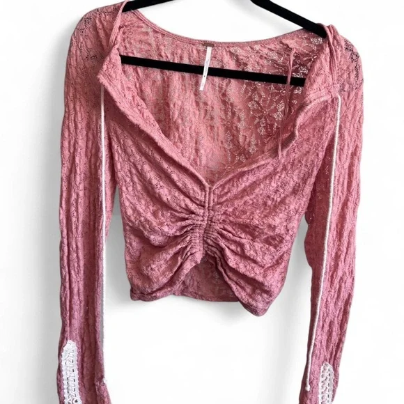 Free People Pink Bell Sleeve Crop Blouse - Picture 3 of 5